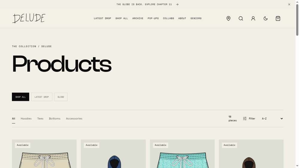 Delude screenshot: Products collection